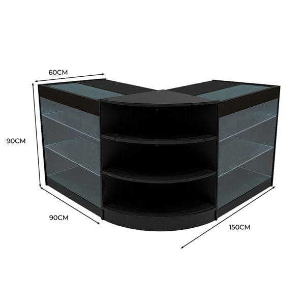 Black Apollo LED shop counter set with curved design, glass shelves, and dimensions of 150cm x 90cm x 90cm, ideal for retail displays