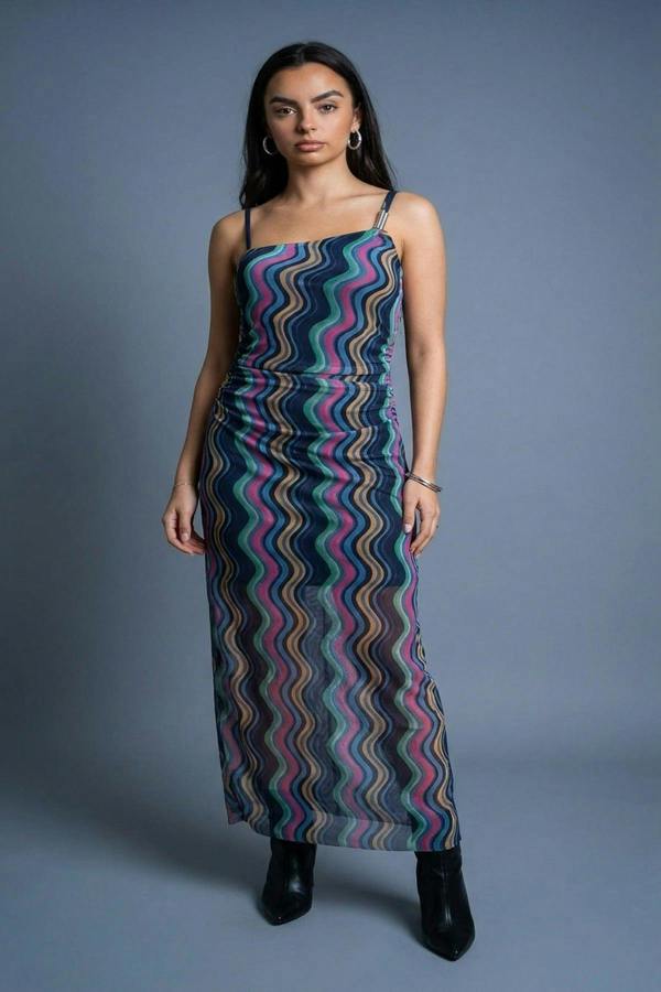Jalia Wavy Print Ruched Mesh Strap Maxi Dress - Multi