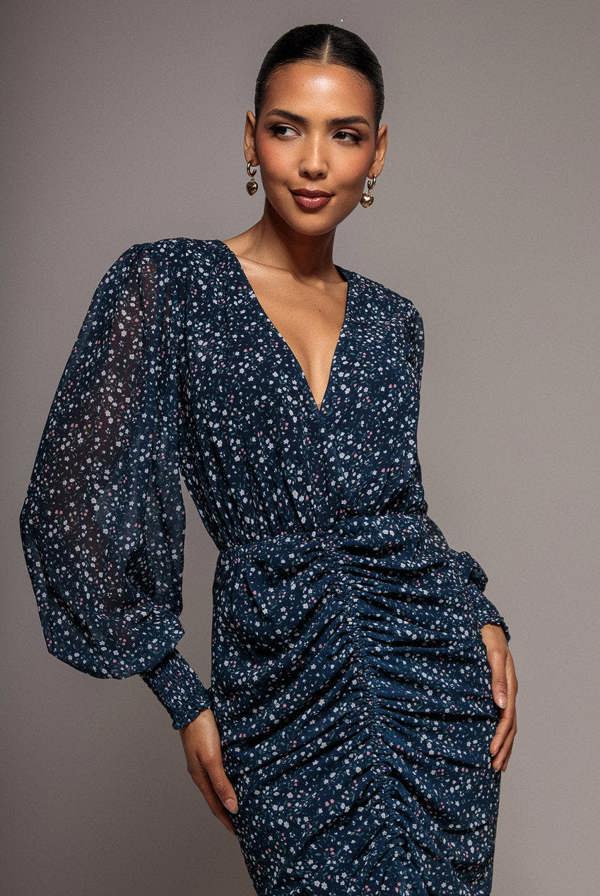 Printed Long Sleeve Drawstring Midi Dress - Navy Print DR3639