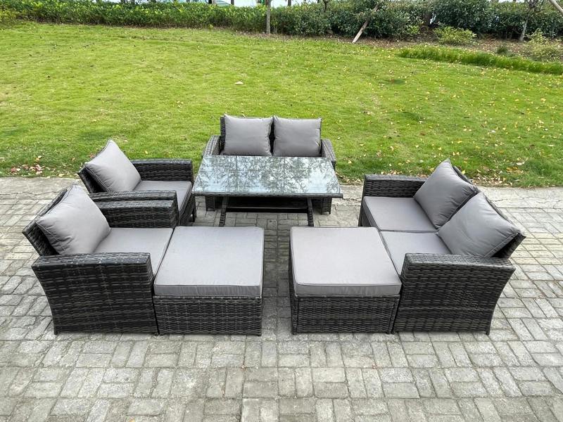 Fimous 8 Seater Garden Dining Set, Wicker PE Rattan, Outdoor Sofa, Dining Table, Double Seat Sofa, 2 Big Footstools and Armchair, Dark Grey Mixed