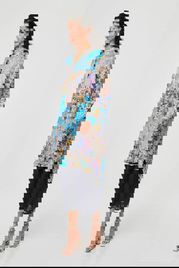 Blue | Floral Long Sleeve Longline Tunic Shirt
