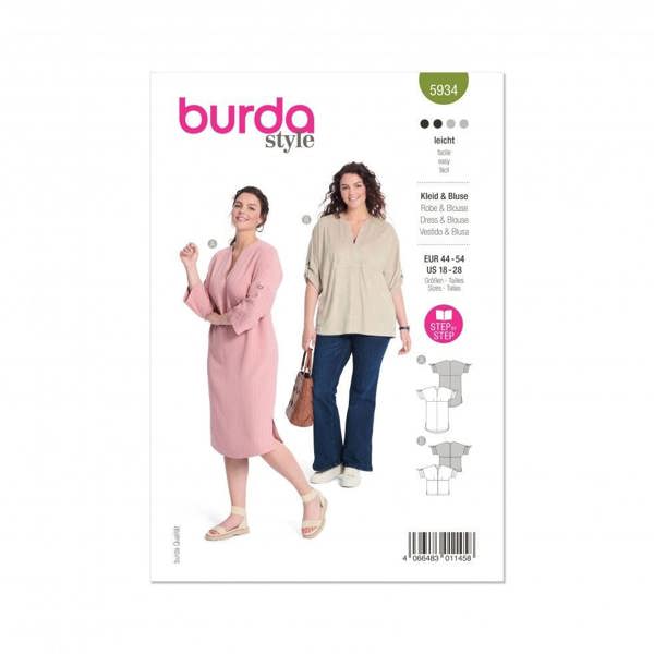 Burda Sewing Pattern 5934 Dresses and Tops For Women, 18-28 (44-54) - Easy