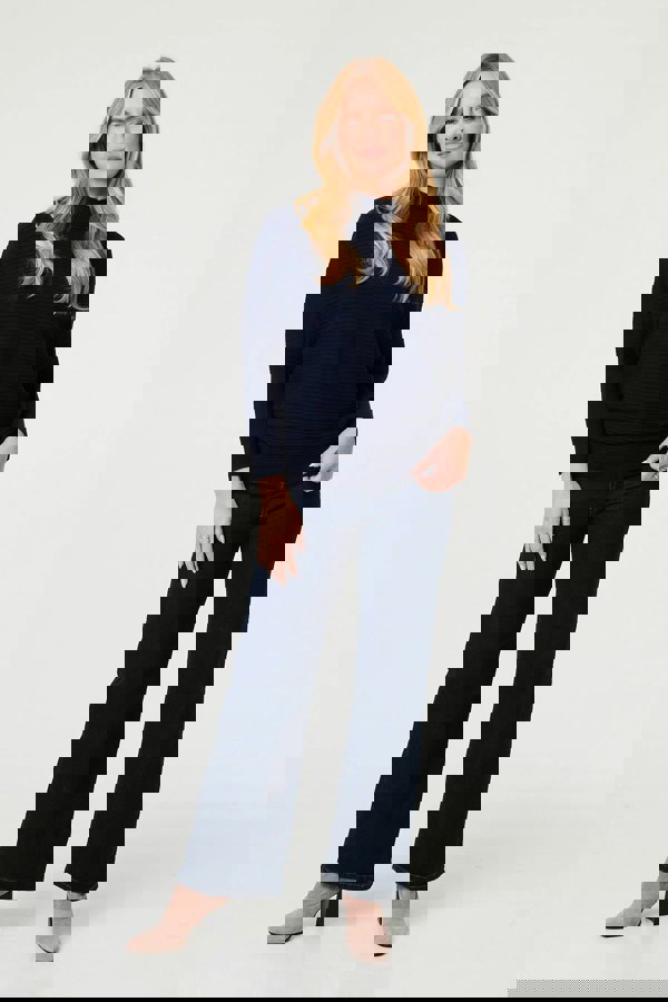 Navy | Striped Texture High Neck Relaxed Jumper
