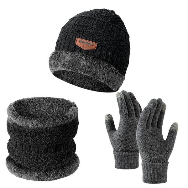 Obasyhig Fleece-Lined Knitted Winter 3-Piece Set - Dark Grey - Style 2