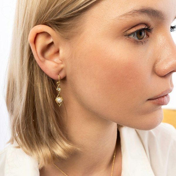 Spero London Sterling Silver Rhombus 3D Pearl Earrings