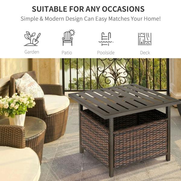 Outdoor brown rattan coffee table with slatted top and umbrella hole centerpiece
