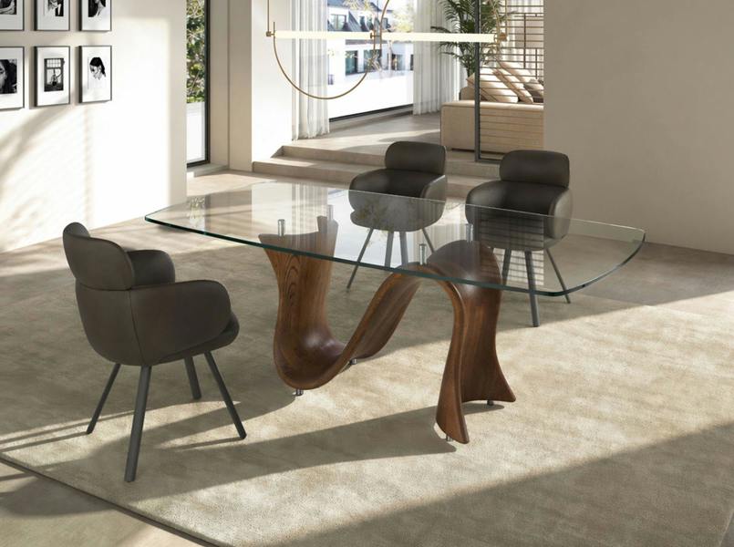 Angel Cerdá Barrel-shaped oval dining table in tempered glass and walnut 1197