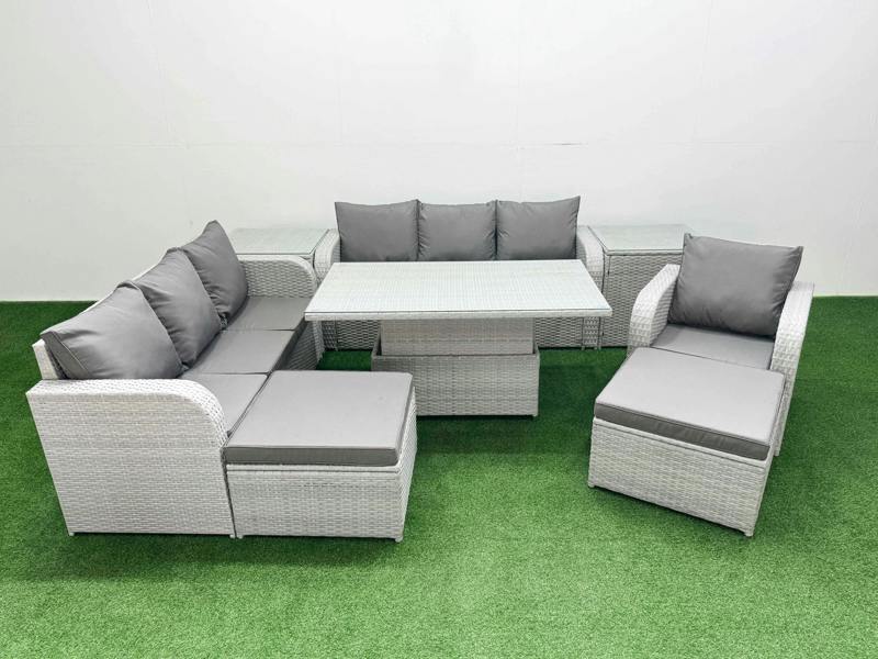 Fimous 9 Seater Poly Rattan Garden Furniture Patio Set, Adj Height Table, 3 Seater Sofas, Reclining Chair, 2 Big Footstools, 2 Side Table