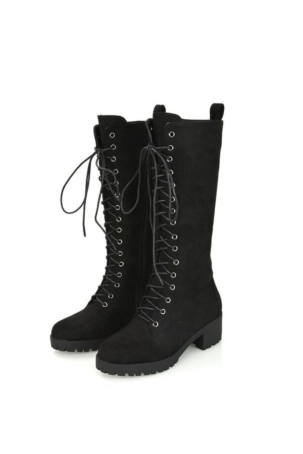 XY LONDON Lace Up Block High Heel Knee High Biker Boots