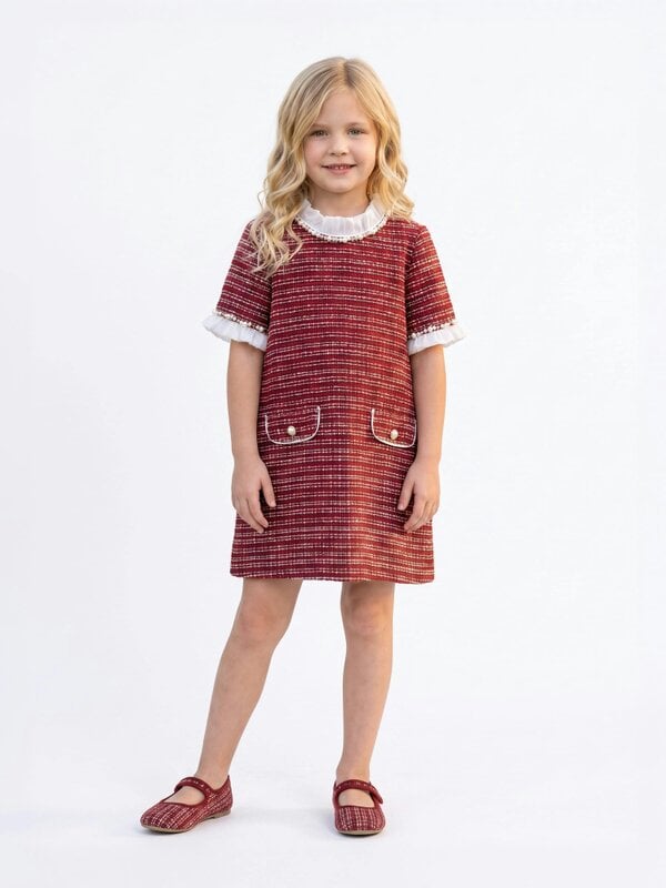 DRESS & Fleur Girls Short Sleeve Tweed Dress in Red