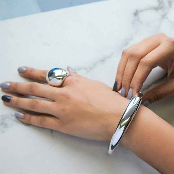 Flowing Chunky Silver Bangle and Sphere Ring