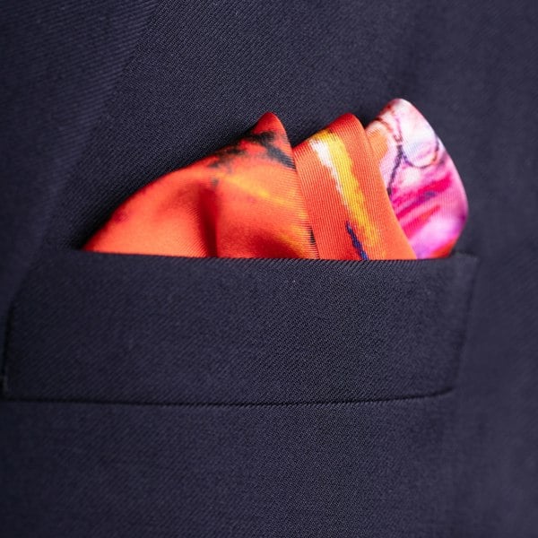 Polo silk pocket square in red by Otway & Orford folded 2