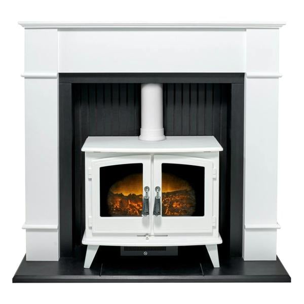 Adam Oxford Stove Fireplace in Pure White with Woodhouse White Electric Stove, 48 Inch