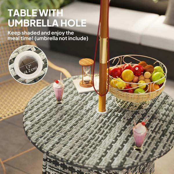 Wyld Haus Viveke Rattan Grey Outdoor Coffee Table With Tempered Glass Top And Parasol Hole