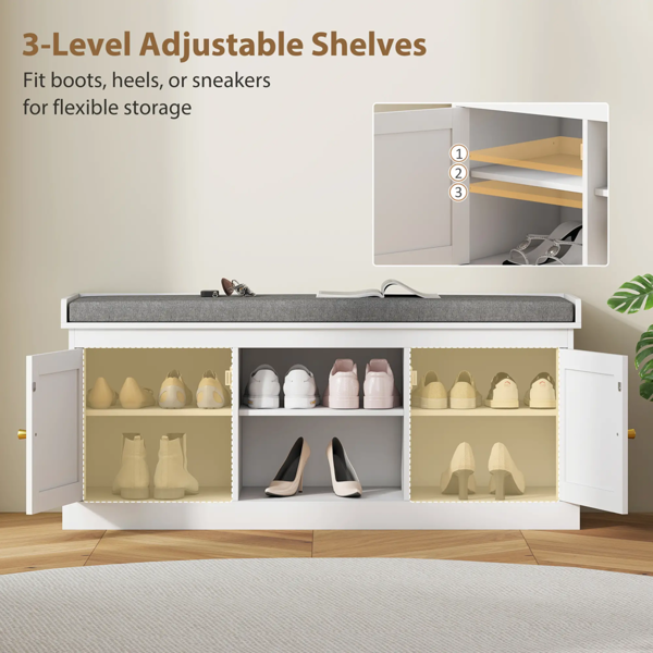 HOMCOM Boho Shoe Storage Bench with 2 Rattan Doors, Padded Cushion, Entryway Shoe Bench