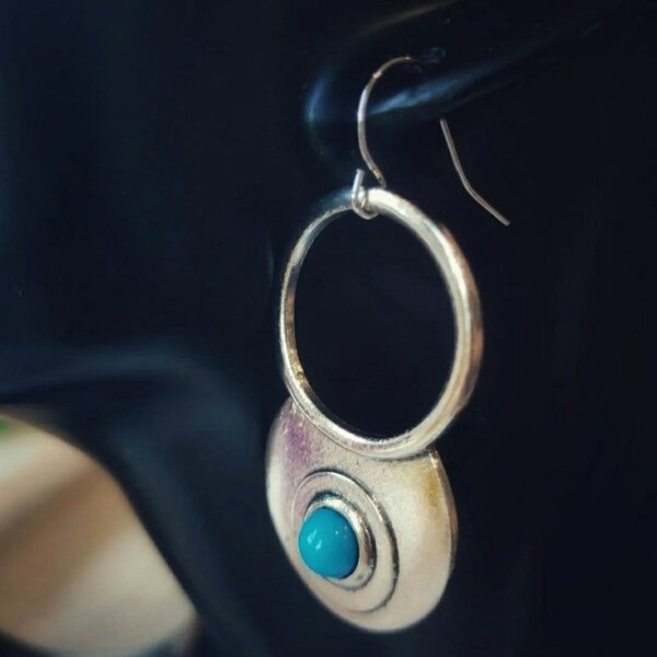 The Colourful Aura Retro Hollow Circle Ethnic Quirky Turquoise Stone Dangle Drop Statement Earring