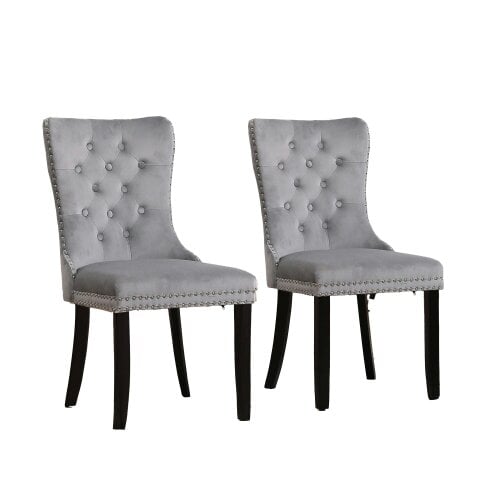 Neo Set Of Two Grey Studded Velvet Dining Table Chairs with Ring Knocker