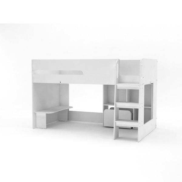 Side view of the white mid sleeper bed. It shows off the mini desk, toy box and 3 shelf storage.