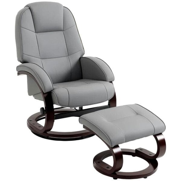 Swivel Recliner Chair with Footstool, PU Leather Recliner Armchair with Adjustable Back and Wood Frame, Grey