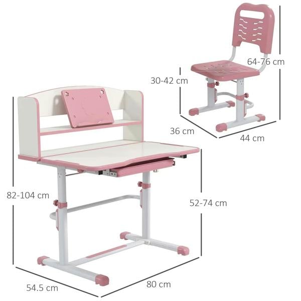 Pink adjustable kids study table with white frame and matching pink chair