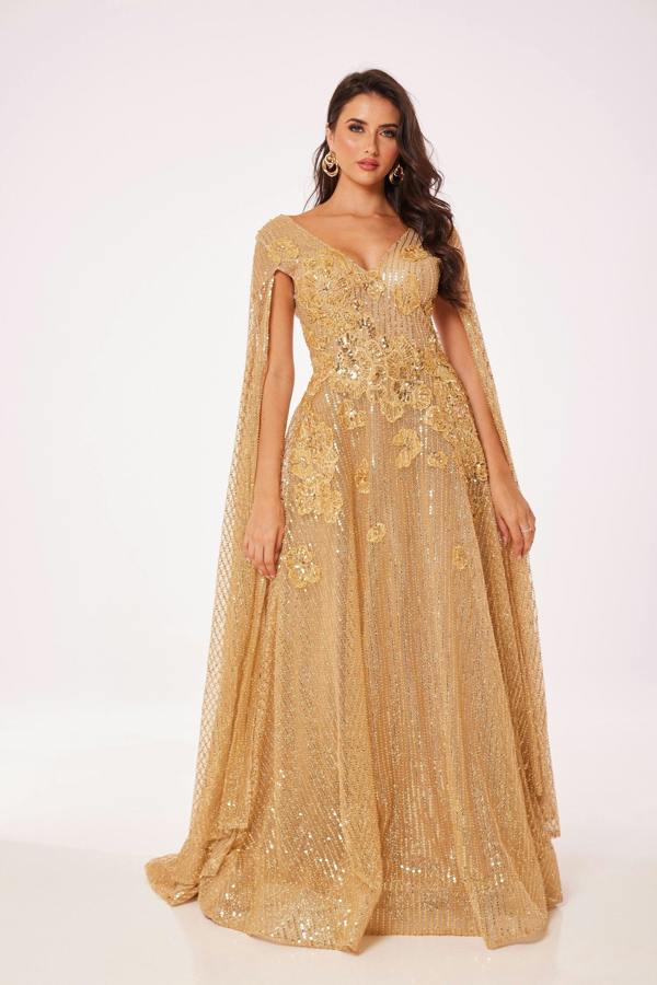 LuvForever Gold Drape Sleeve Maxi Dress