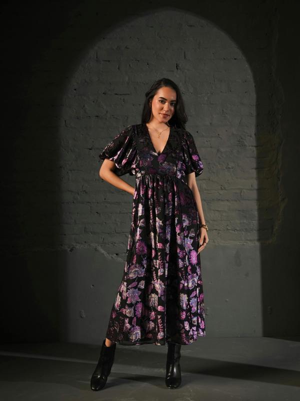 Rose & Nancy Margot Black Velvet Burnout Floral Dress