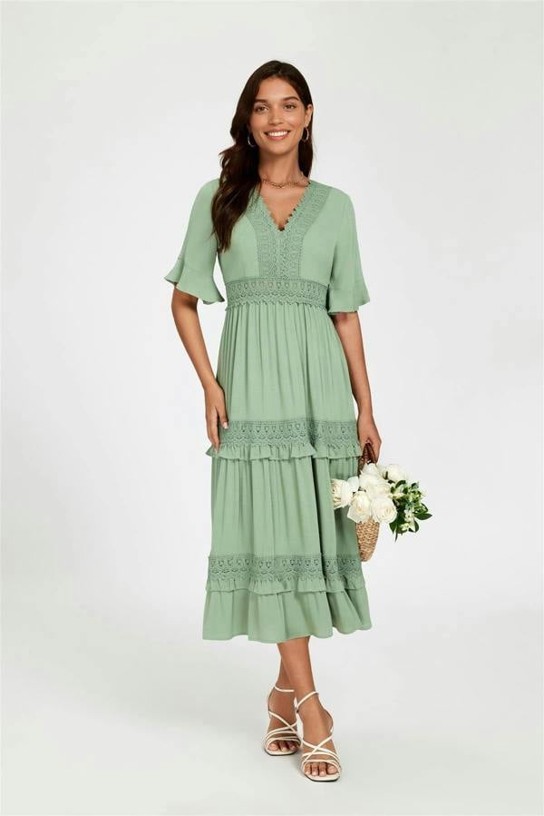 FS Collection V Neck Lace Detail Midi Dress In Green