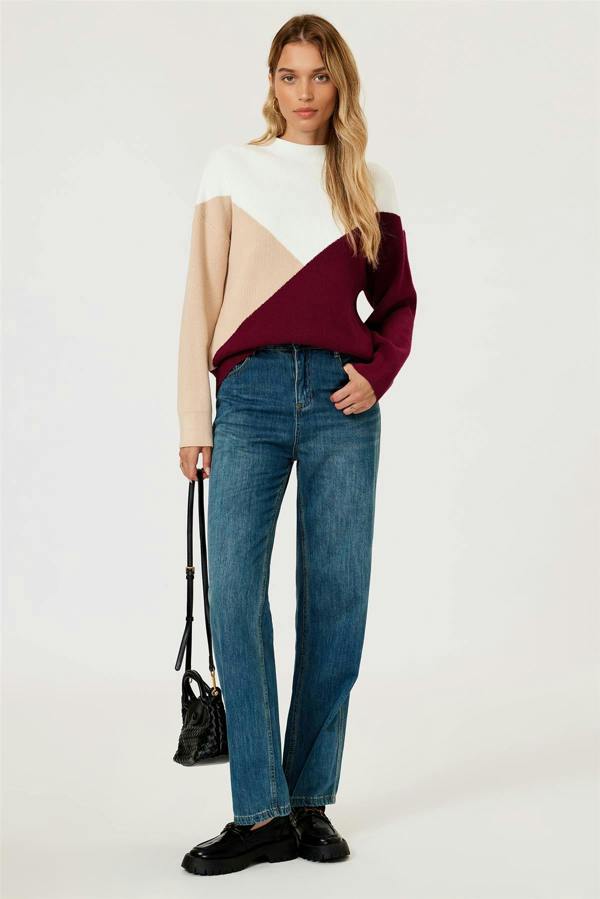 FS Collection Colour Block Jumper Top In Camel & Wine & White