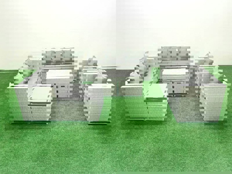 Fimous Outdoor Garden Furniture Rattan Sofa Set with 2 Armchairs Oblong Coffee Table 3 Footstools Side Table Light Grey Mixed