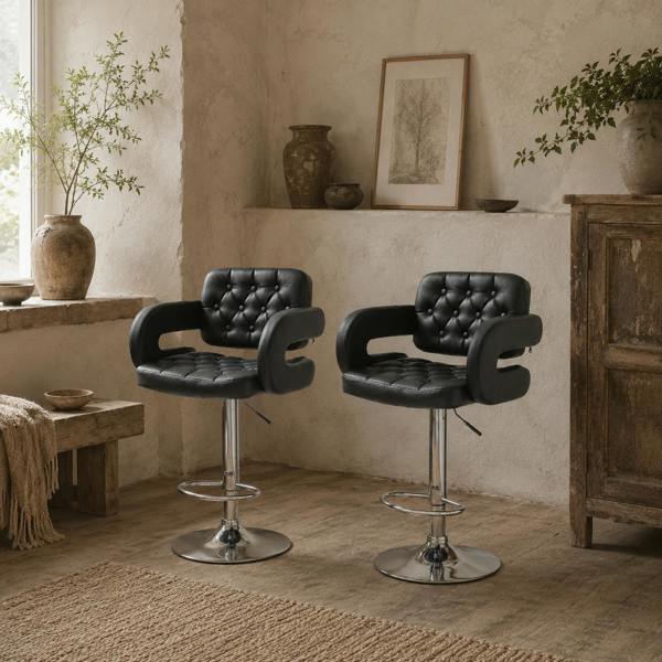 Wyld Haus Hafi Rino Faux Leather Black Adjustable Swivel Bar Stools Set Of 2 With Back And Arm Support
