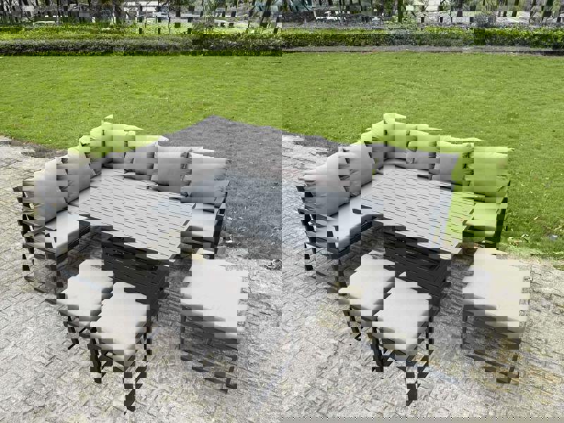 Fimous 9 Seater Aluminium Garden Furniture Set with Adjustable Rising Dining Table, Corner Sofa & 3 Footstools - Dark Grey