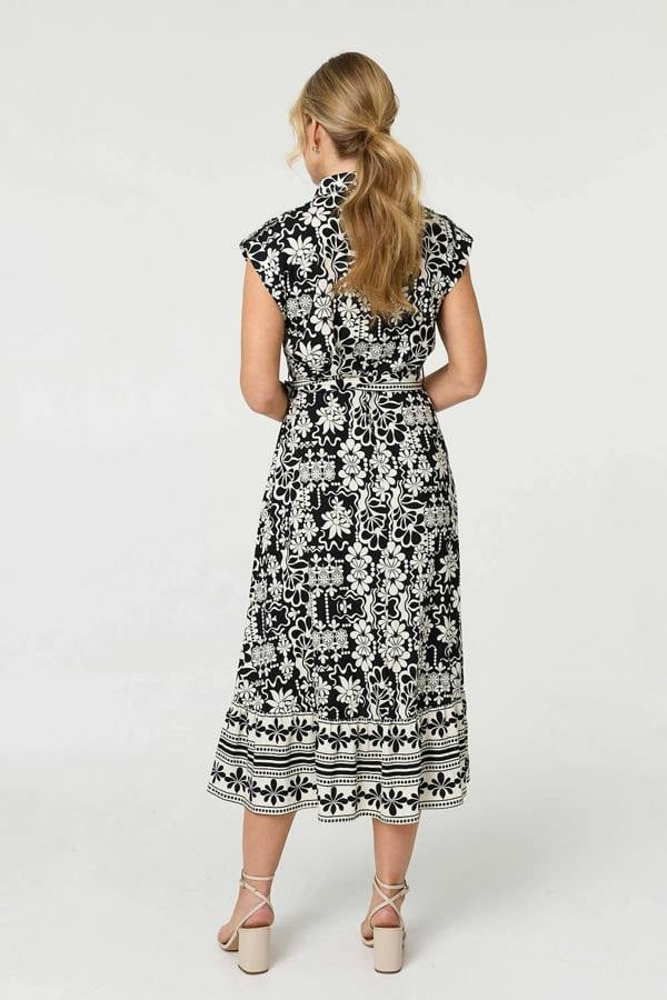 Black | Floral Cap Sleeve Tie Midi Shirt Dress