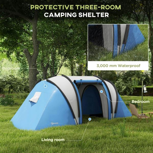 Blue and gray three-room camping shelter tent with two labeled side entrances