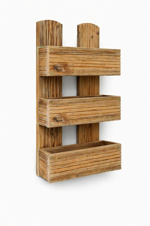 Wall-mounted triple tier wooden planter made from decking timber, empty