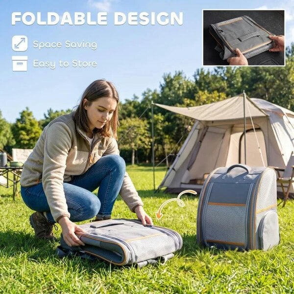 Pet Backpack Carrier, Foldable Pet Carrier Backpack for Mini Dogs Cats Up to 5 kg, with Mesh Window, Grey