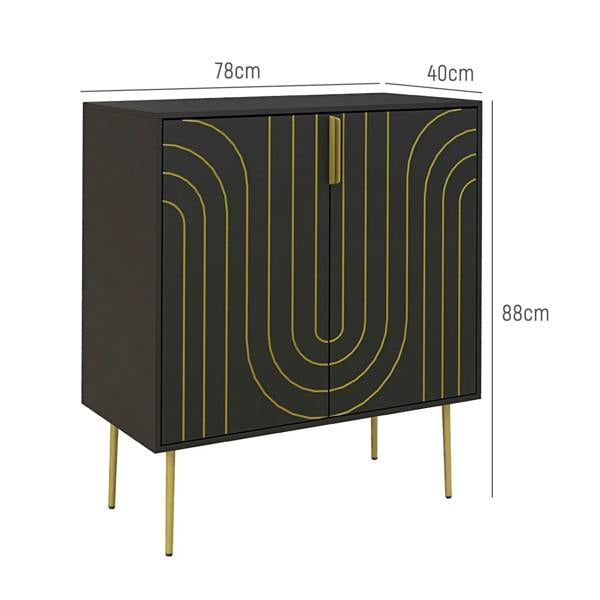 Black sideboard cabinet with gold-tone art deco curved door design and slender gold legs