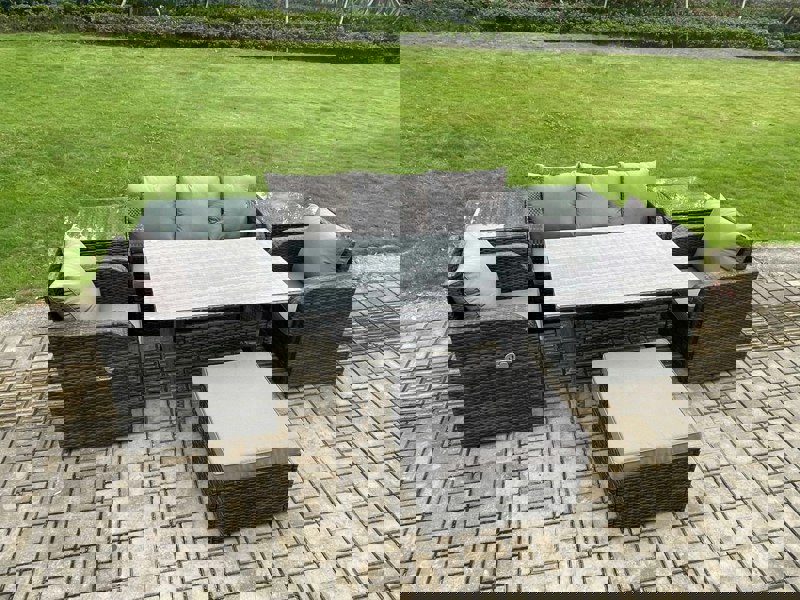 Fimous Wicker PE Rattan Garden Furniture Set Outdoor Rectangular Dining Table and Chair Sofa Set With 2 Side Tables Big Footstool Dark Grey Mixed