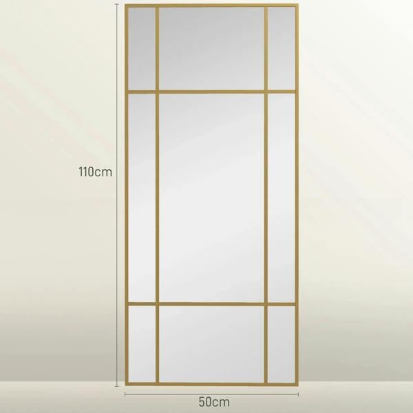 Gold-tone vertical grid wall mirror with rectangular frame and reflective glass panels.
