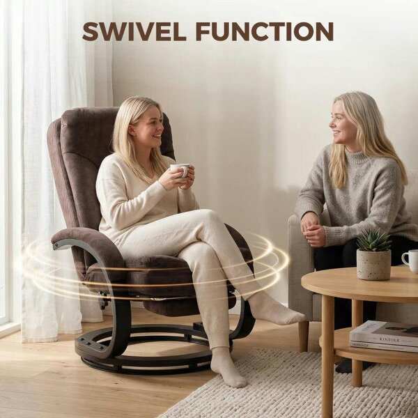 Swivel Recliner Chair, Velvet Recliner Armchair with Retractable Footrest, Dual-Layer Cushion, High Back, Dark Brown