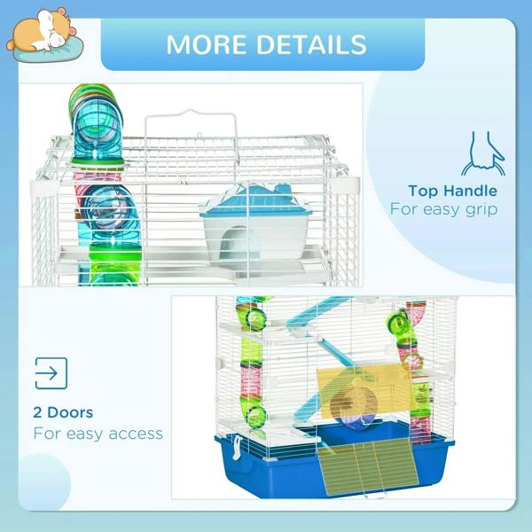 Blue 5-tier hamster cage with top handle and two front doors for access
