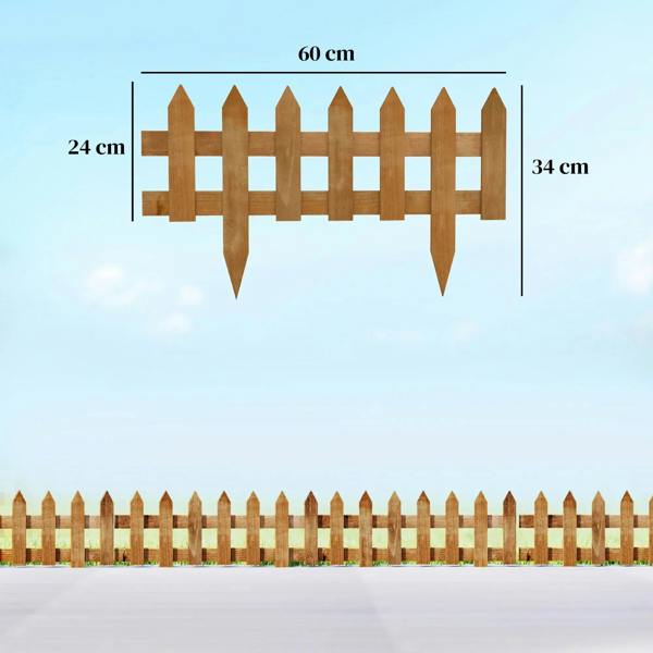 Brown wooden picket fence edging with pointed stakes, size diagram layout
