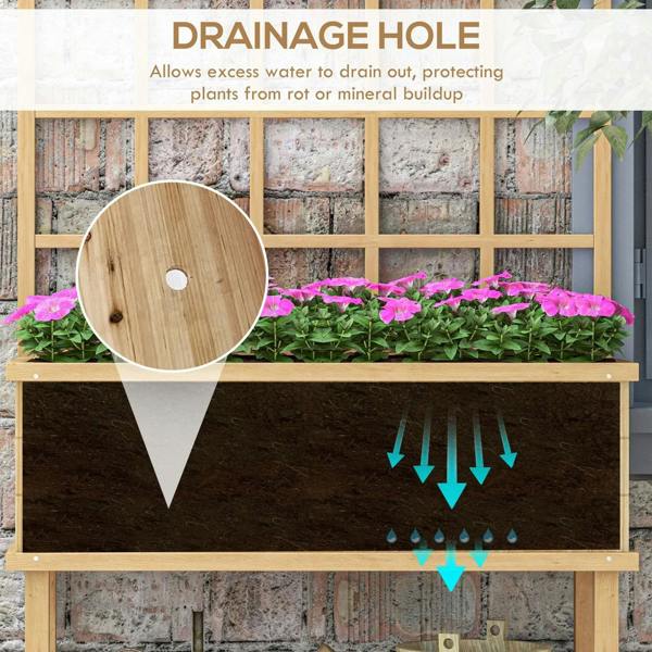 Natural wooden garden planter with trellis, showing drainage hole under the bed.