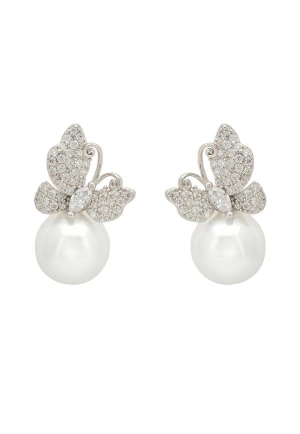 Pearl earrings with butterfly-shaped silver and diamond accents on a white background