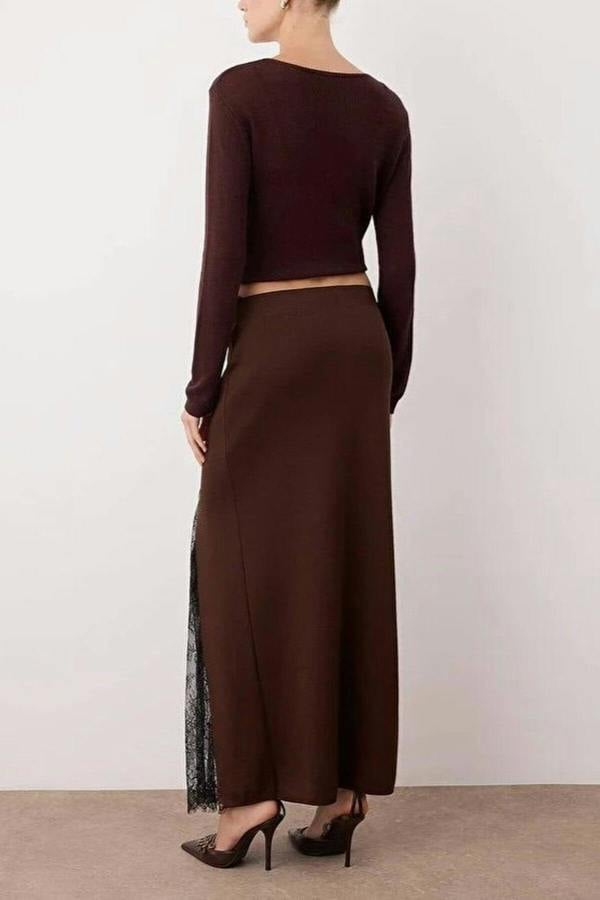 WOVCOR Knit Maxi Skirt with Lace Slit Detail