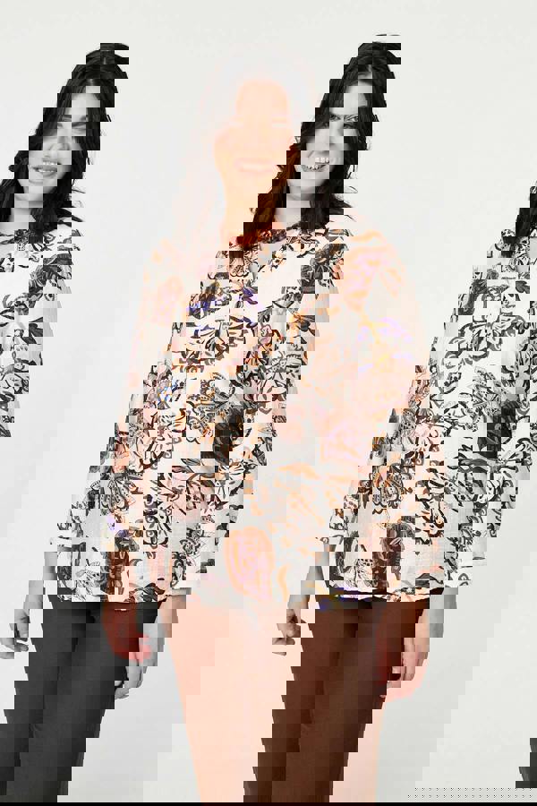 Red | Curve Floral Turn-Up Sleeve Blouse