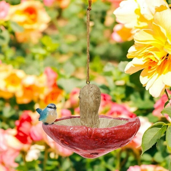 EDH Door Hardware Red Resin Mushroom Bird Feeder with Blue Tit – Charming & Functional Garden Décor