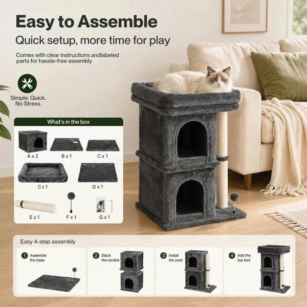 Skylos Cat Tree with Scratching Sisal Post Large Top Perch 2 Condos Dark Grey