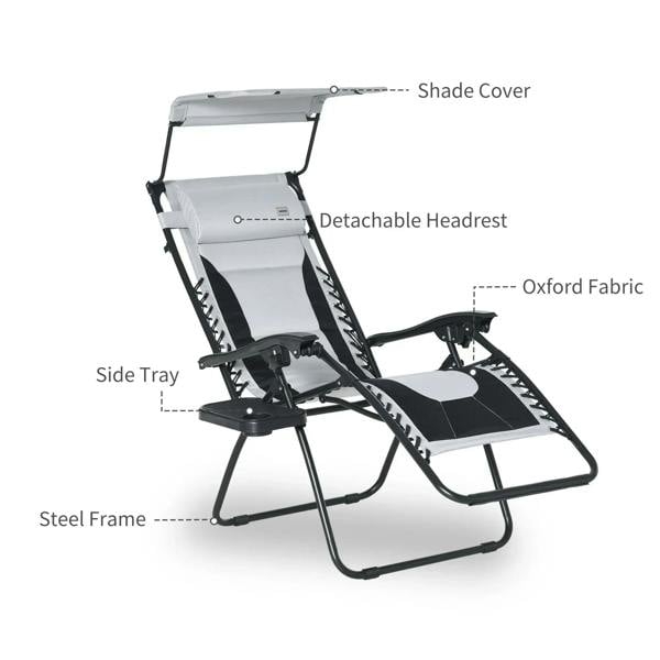 Grey zero-gravity lounge chair with shade cover, detachable headrest, and side tray