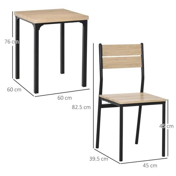 Dining table and chair with light wood tops and black metal legs, size view