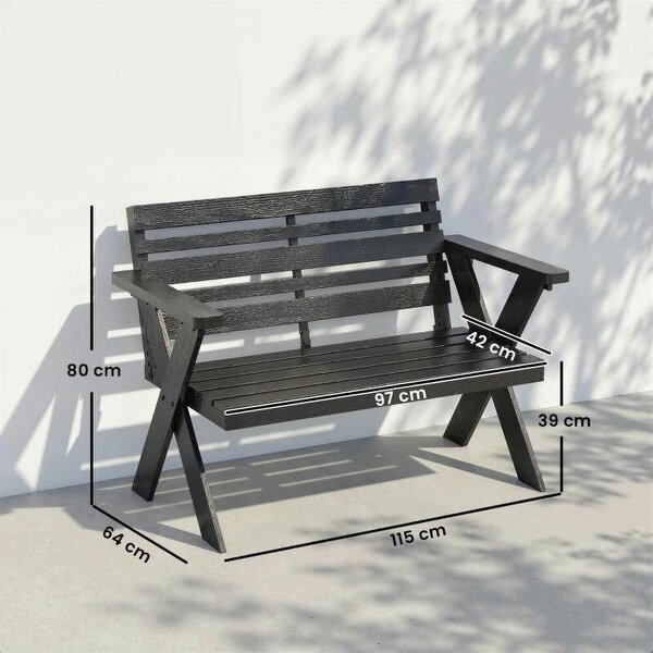 2 Seater Wooden Garden Bench, Slatted Patio Bench with Armrest and Backrest, Black